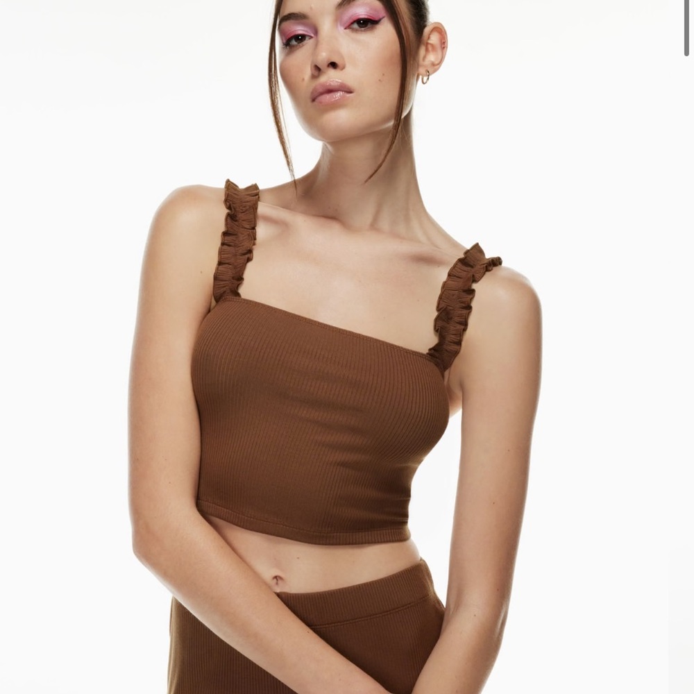 Aritzia Sunday Best Large Brown Firecracker Cropped Tank with Ruffled Straps